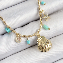 Mey İthalat® Pirinç Zirkon Taşlı Deniz Kabuğu Model Gold Renk Kadın Kolye