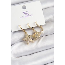 Mey İthalat® Pirinç Zİrkon Taşlı Deniz Yıldızı Ve İstiridye Model Gold Renk 3'lü Kadın Küpe