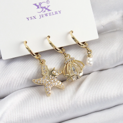 Mey İthalat® Pirinç Zİrkon Taşlı Deniz Yıldızı Ve İstiridye Model Gold Renk 3'lü Kadın Küpe