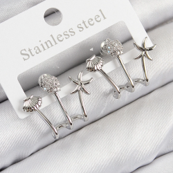 Mey İthalat® Pirinç Zirkon Taşlı Deniz Yıldızı ve İstiridye Model Gümüş Renk Kadın Küpe