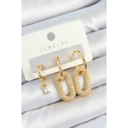 Mey İthalat® Pirinç Zirkon Taşlı Dikdörtgen Model Gold Renk 3'lü Çift Kadın Küpe Set