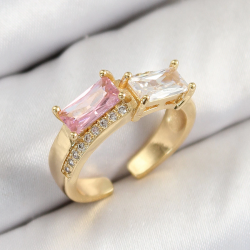 Mey İthalat® Pirinç Zirkon Taşlı Dikdörtgen Model Gold Renk Kadın Yüzük