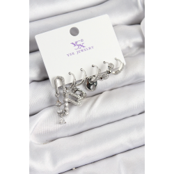 Mey İthalat® Pirinç Zİrkon Taşlı Dikdörtgen Model Gümüş Renk 3'lü Çift Kadın Küpe