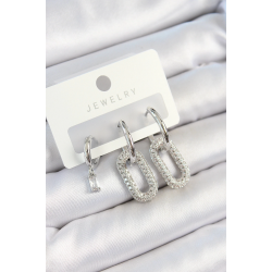 Mey İthalat® Pirinç Zirkon Taşlı Dikdörtgen Model Gümüş Renk 3'lü Çift Kadın Küpe Set