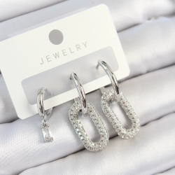 Mey İthalat® Pirinç Zirkon Taşlı Dikdörtgen Model Gümüş Renk 3'lü Çift Kadın Küpe Set