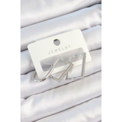 Mey İthalat® Pirinç Zirkon Taşlı Dikdörtgen Model Gümüş Renk 3'lü Çift Kadın Küpe Set