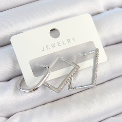 Mey İthalat® Pirinç Zirkon Taşlı Dikdörtgen Model Gümüş Renk 3'lü Çift Kadın Küpe Set