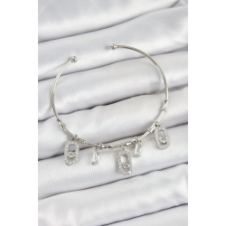 Mey İthalat® Pirinç Zirkon Taşlı Dikdörtgen Model Gümüş Renk Charm Bileklik