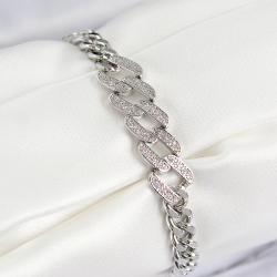 Mey İthalat® Pirinç Zirkon Taşlı Ezme Küba Zincir Model Gümüş Renk Kadın Bileklik