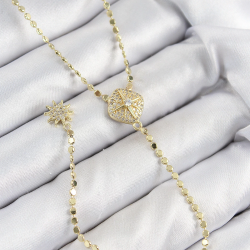 Mey İthalat® Pirinç Zirkon Taşlı Ezme Zincirli Madalyon Model Gold Renk Y Kolye