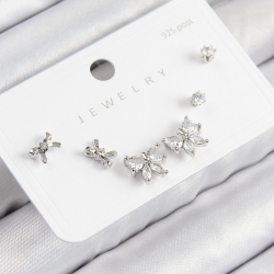 Mey İthalat® Pirinç Zirkon Taşlı Fiyonk Model Gümüş Renk 925 Ayar Gümüş Çivi Kadın Küpe Set