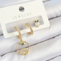 Mey İthalat® Pirinç Zirkon Taşlı Göz Ve Baykuş Model Gold Renk 3'lü Çift Kadın Küpe Set