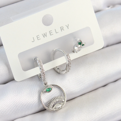 Mey İthalat® Pirinç Zirkon Taşlı Göz Ve Baykuş Model Gümüş Renk 3'lü Çift Kadın Küpe Set