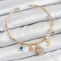 Mey İthalat® Pirinç Zirkon Taşlı Güneş Ay Nazar Model Gold Renk Charm Bileklik