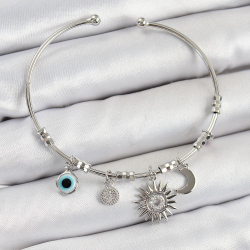 Mey İthalat® Pirinç Zirkon Taşlı Güneş Ay Ve Nazar Model Gümüş Renk Charm Bileklik