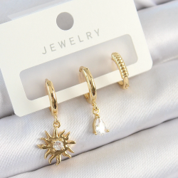 Mey İthalat® Pirinç Zirkon Taşlı Güneş Model Gold Renk 3'lü Çift Kadın Küpe Set