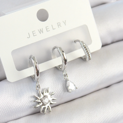 Mey İthalat® Pirinç Zirkon Taşlı Güneş Model Gümüş Renk 3'lü Çift Kadın Küpe Set