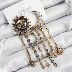 Mey İthalat® Pirinç Zirkon Taşlı Güneş Ve Ay Figürlü Eskitme Model Sallantılı Küpe