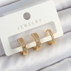 Mey İthalat® Pirinç Zirkon Taşlı Halka Model Gold Renk 3'lü Çift Kadın Küpe Set