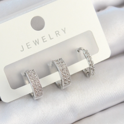 Mey İthalat® Pirinç Zirkon Taşlı Halka Model Gümüş Renk 3'lü Çift Kadın Küpe Set