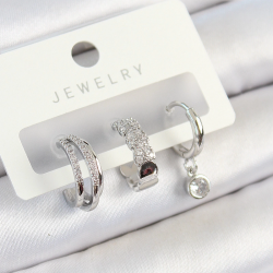 Mey İthalat® Pirinç Zirkon Taşlı Halka Model Gümüş Renk 3'lü Çift Kadın Küpe Set