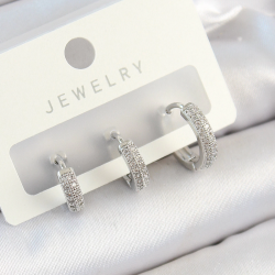 Mey İthalat® Pirinç Zirkon Taşlı Halka Model Gümüş Renk 3'lü Çift Kadın Küpe Set