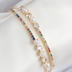 Mey İthalat® Pirinç Zirkon Taşlı İnci Model Gold Renk Kadın Bileklik