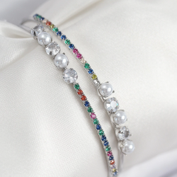 Mey İthalat® Pirinç Zirkon Taşlı İnci Model Gümüş Renk Kadın Bileklik