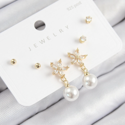 Mey İthalat® Pirinç Zirkon Taşlı İnci Sallantılı Çiçek Model Gümüş Renk 925 Ayar Gümüş Çivi Kadın Küpe Set