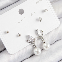 Mey İthalat® Pirinç Zirkon Taşlı İnci Sallantılı Damla Model Gümüş Renk 925 Ayar Gümüş Çivi Kadın Küpe Set