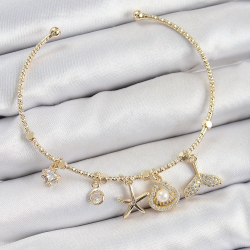 Mey İthalat® Pirinç Zirkon Taşlı İstiridye Ve Deniz Yıldızı Model Gold Renk Charm Bileklik