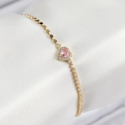 Mey İthalat® Pirinç Zirkon Taşlı Kalp Model Ezme Zincir Gold Renk Kadın Bileklik