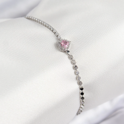 Mey İthalat® Pirinç Zirkon Taşlı Kalp Model Ezme Zincir Gümüş Renk Kadın Bileklik