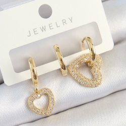 Mey İthalat® Pirinç Zirkon Taşlı Kalp Model Gold Renk 3'lü Çift Kadın Küpe Set