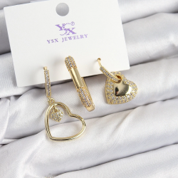 Mey İthalat® Pirinç Zİrkon Taşlı Kalp Model Gold Renk 3'lü Kadın Küpe