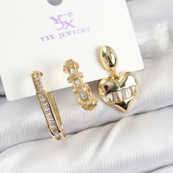 Mey İthalat® Pirinç Zİrkon Taşlı Kalp Model Gold Renk 3'lü Kadın Küpe