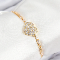 Mey İthalat® Pirinç Zirkon Taşlı Kalp Model Gold Renk Asansörlü Kadın Bileklik
