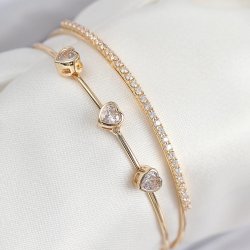 Mey İthalat® Pirinç Zirkon Taşlı Kalp Model Gold Renk Kadın Bileklik