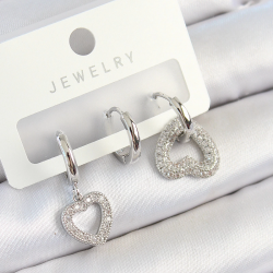 Mey İthalat® Pirinç Zirkon Taşlı Kalp Model Gümüş Renk 3'lü Çift Kadın Küpe Set