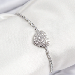 Mey İthalat® Pirinç Zirkon Taşlı Kalp Model Gümüş Renk Asansörlü Kadın Bileklik