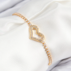 Mey İthalat® Pirinç Zirkon Taşlı Kalp Model Gold Renk Asansörlü Kadın Bileklik