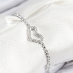 Mey İthalat® Pirinç Zirkon Taşlı Kalp Model Gümüş Renk Asansörlü Kadın Bileklik