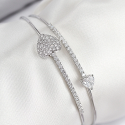 Mey İthalat® Pirinç Zirkon Taşlı Kalp Model Gümüş Renk Kadın Bileklik