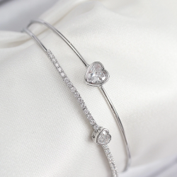 Mey İthalat® Pirinç Zirkon Taşlı Kalp Model Gümüş Renk Kadın Bileklik