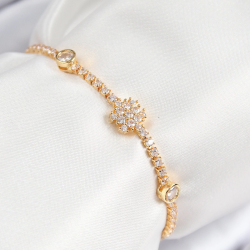 Mey İthalat® Pirinç Zirkon Taşlı Kar Tanesi Model Gold Renk Asansörlü Kadın Bileklik