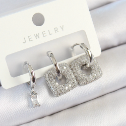 Mey İthalat® Pirinç Zirkon Taşlı Kare Model Gümüş Renk 3'lü Çift Kadın Küpe Set