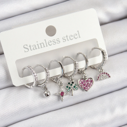 Mey İthalat® Pirinç Zirkon Taşlı Karpuz Yonca Kalp Pusula Karışık Model Gümüş Renk 6'lı Set Kadın Küpe