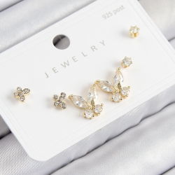 Mey İthalat® Pirinç Zirkon Taşlı Kelebek Model Gold Renk 925 Ayar Gümüş Çivi Kadın Küpe Set