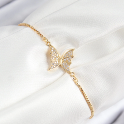 Mey İthalat® Pirinç Zirkon Taşlı Kelebek Model Gold Renk Asansörlü Kadın Bileklik