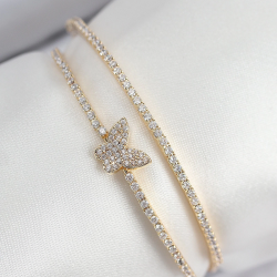 Mey İthalat® Pirinç Zirkon Taşlı Kelebek Model Gold Renk Kadın Bileklik